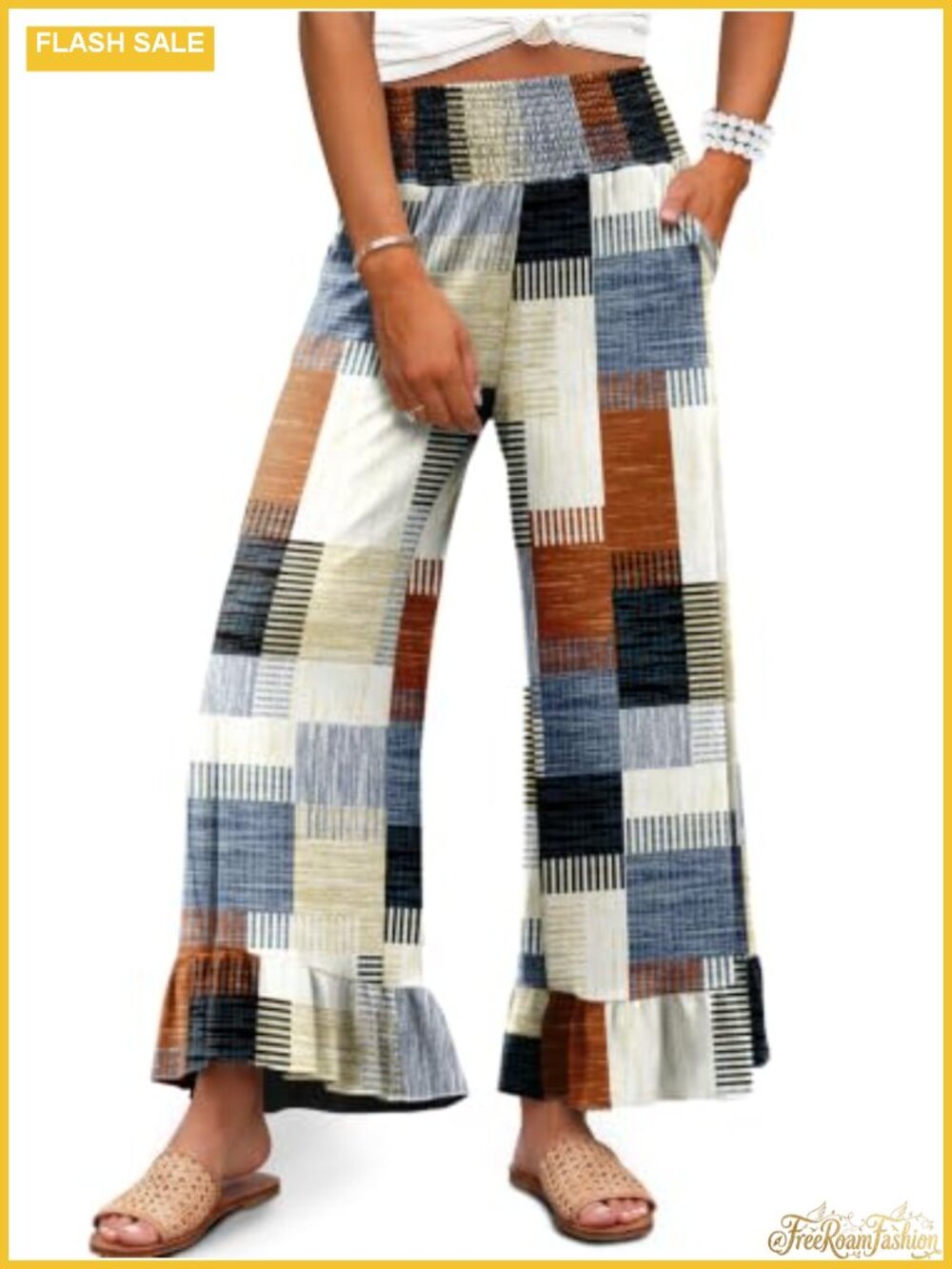 Wide Leg Palazzo Pants High Waisted Flowy with Pockets Ruffle Hem
